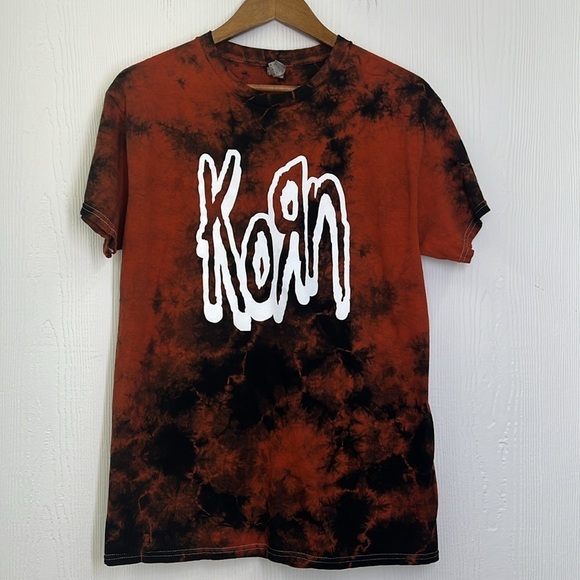 Gildan - Burnt Orange And Black Tye Dye Korn Band Graphic Short Sleeve T Size M - Picture 6 of 9